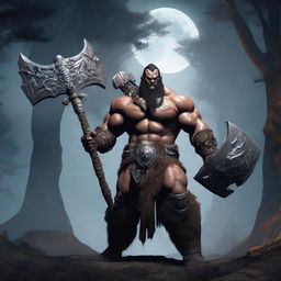 A powerful Warforge barbarian, standing tall with a menacing look