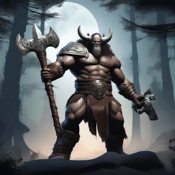 A powerful Warforge barbarian, standing tall with a menacing look