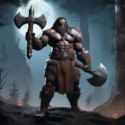 A powerful Warforge barbarian, standing tall with a menacing look