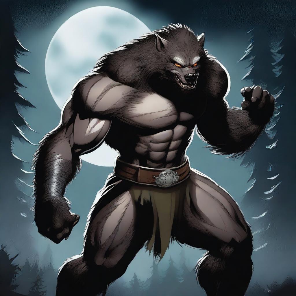 A fierce werewolf fighter standing in a battle-ready pose, with muscular build and sharp claws