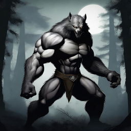 A fierce werewolf fighter standing in a battle-ready pose, with muscular build and sharp claws