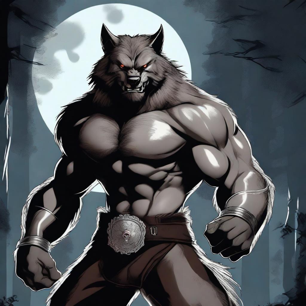 A fierce werewolf fighter standing in a battle-ready pose, with muscular build and sharp claws