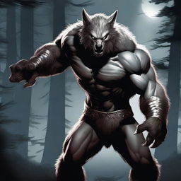 A fierce werewolf fighter standing in a battle-ready pose, with muscular build and sharp claws