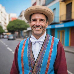 A portrait of an Argentinian man smiling, wearing traditional Argentinian clothing, with the colorful streets of Buenos Aires in the background.