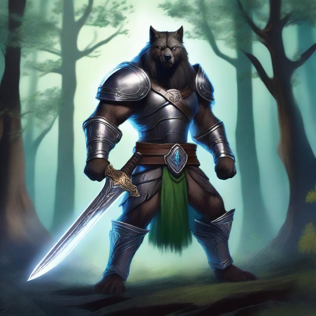 A majestic werewolf paladin clad in shining armor, wielding a glowing sword