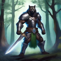 A majestic werewolf paladin clad in shining armor, wielding a glowing sword