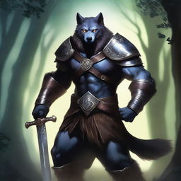 A majestic werewolf paladin clad in shining armor, wielding a glowing sword