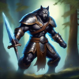 A majestic werewolf paladin clad in shining armor, wielding a glowing sword