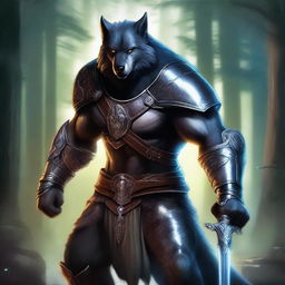 A majestic werewolf paladin clad in shining armor, wielding a glowing sword