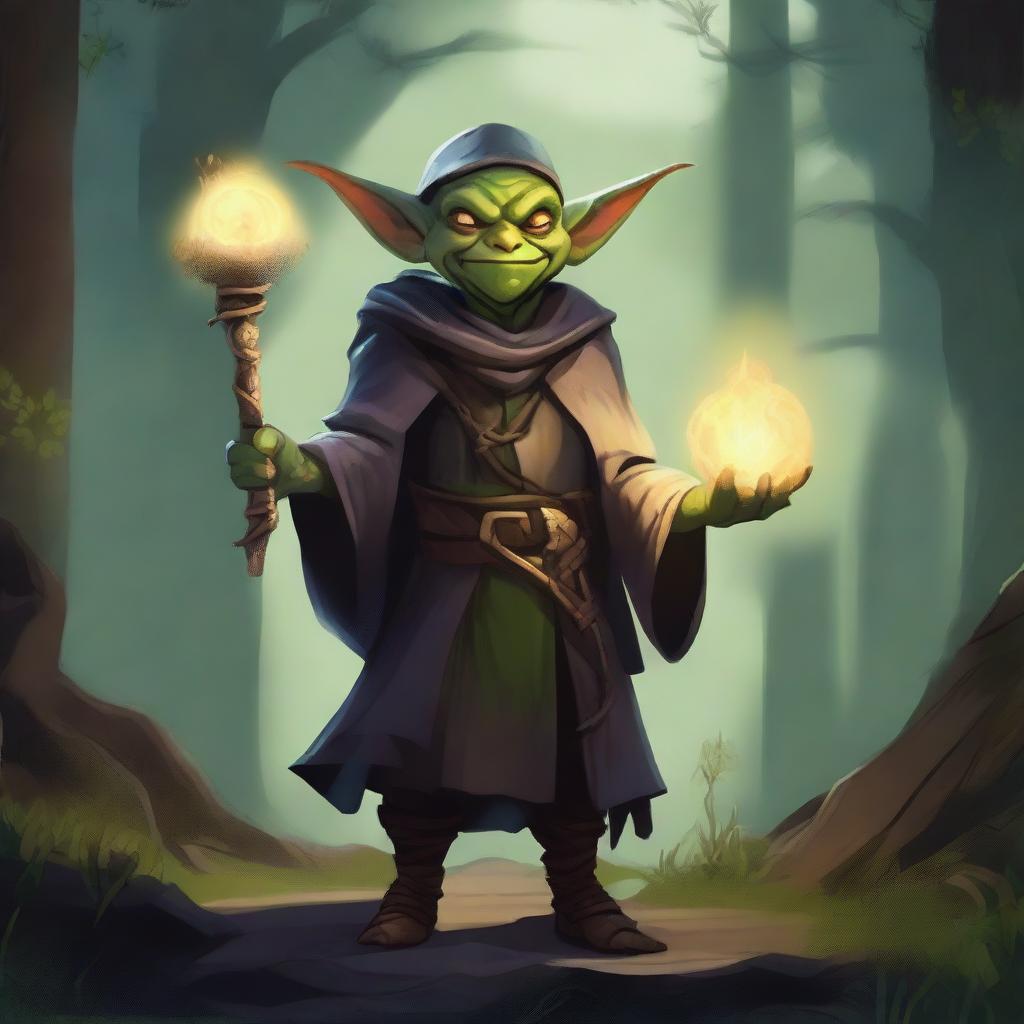 A detailed illustration of a goblin cleric, dressed in medieval fantasy attire, holding a staff with glowing symbols