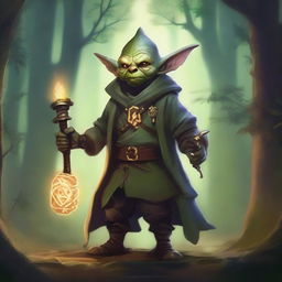 A detailed illustration of a goblin cleric, dressed in medieval fantasy attire, holding a staff with glowing symbols