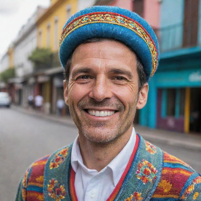 A portrait of an Argentinian man smiling, wearing traditional Argentinian clothing, with the colorful streets of Buenos Aires in the background.