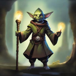 A detailed illustration of a goblin cleric, dressed in medieval fantasy attire, holding a staff with glowing symbols