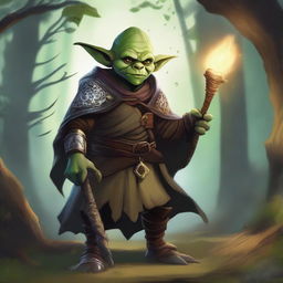 A detailed illustration of a goblin cleric, dressed in medieval fantasy attire, holding a staff with glowing symbols