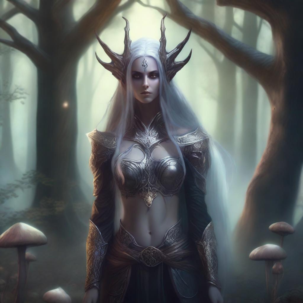 A detailed illustration of a dark elf female with long flowing hair, pointed ears, and intricate armor