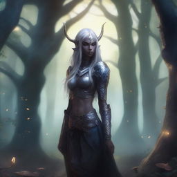 A detailed illustration of a dark elf female with long flowing hair, pointed ears, and intricate armor