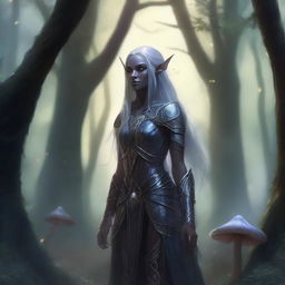 A detailed illustration of a dark elf female with long flowing hair, pointed ears, and intricate armor