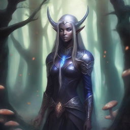 A detailed illustration of a dark elf female with long flowing hair, pointed ears, and intricate armor