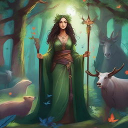 A detailed illustration of a female druid standing in a lush forest