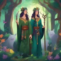 A detailed illustration of a female druid standing in a lush forest