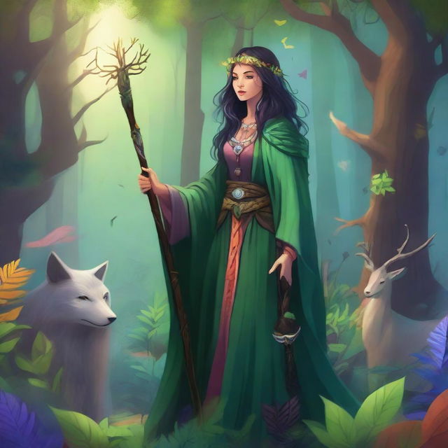 A detailed illustration of a female druid standing in a lush forest