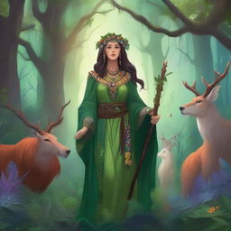 A detailed illustration of a female druid standing in a lush forest