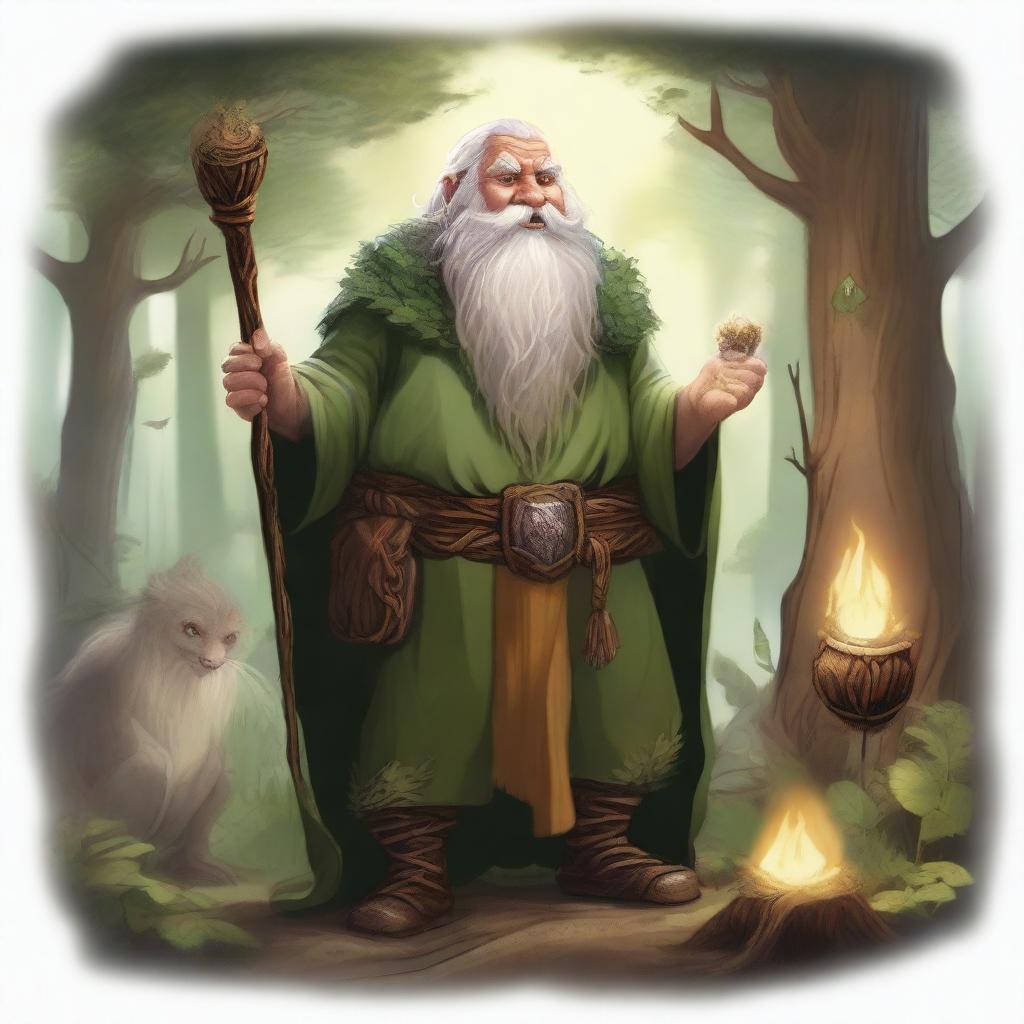 A detailed fantasy illustration of a dwarf druid