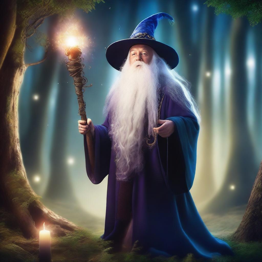 An old man wizard with a long white beard, wearing a traditional wizard hat and robes, holding a magical staff