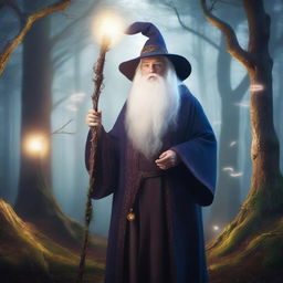 An old man wizard with a long white beard, wearing a traditional wizard hat and robes, holding a magical staff