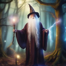 An old man wizard with a long white beard, wearing a traditional wizard hat and robes, holding a magical staff