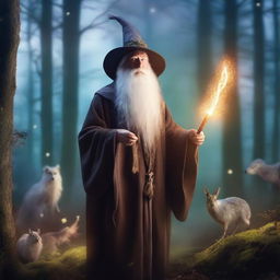 An old man wizard with a long white beard, wearing a traditional wizard hat and robes, holding a magical staff