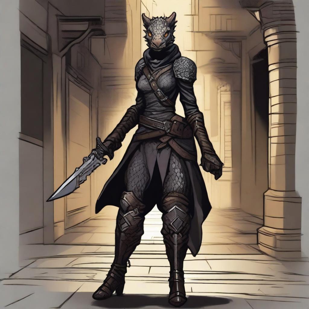 A detailed illustration of a female Dragonborn rogue