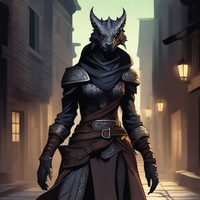 A detailed illustration of a female Dragonborn rogue