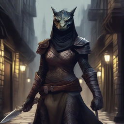 A detailed illustration of a female Dragonborn rogue