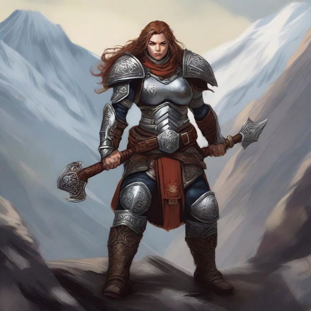 A fierce dwarf female fighter, adorned in heavy armor with intricate designs