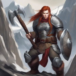 A fierce dwarf female fighter, adorned in heavy armor with intricate designs