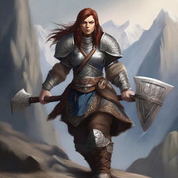 A fierce dwarf female fighter, adorned in heavy armor with intricate designs