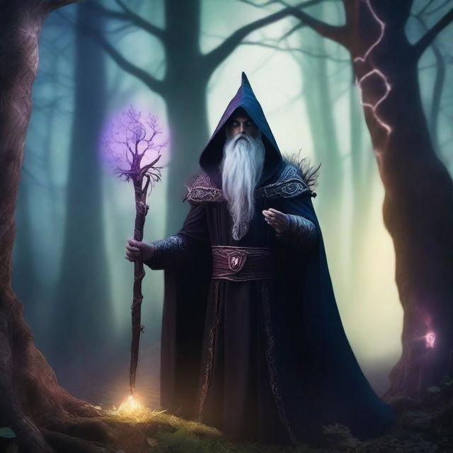 A dark elf wizard standing in a mystical forest, surrounded by glowing runes and ancient trees