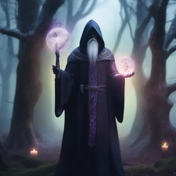 A dark elf wizard standing in a mystical forest, surrounded by glowing runes and ancient trees