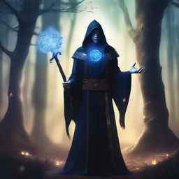 A dark elf wizard standing in a mystical forest, surrounded by glowing runes and ancient trees