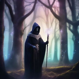 A dark elf wizard standing in a mystical forest, surrounded by glowing runes and ancient trees