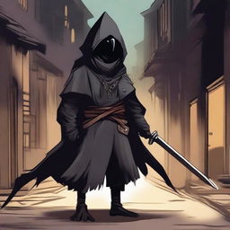 A detailed illustration of a Kenku rogue character wearing a black pest mask