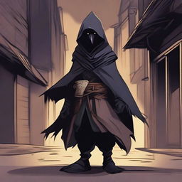 A detailed illustration of a Kenku rogue character wearing a black pest mask