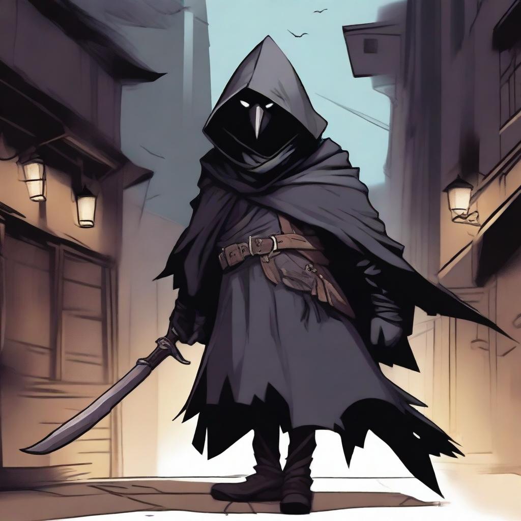 A detailed illustration of a Kenku rogue character wearing a black pest mask