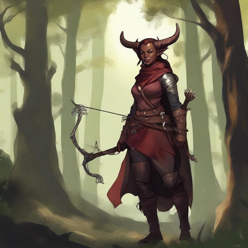 A detailed illustration of a female tiefling ranger