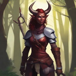 A detailed illustration of a female tiefling ranger