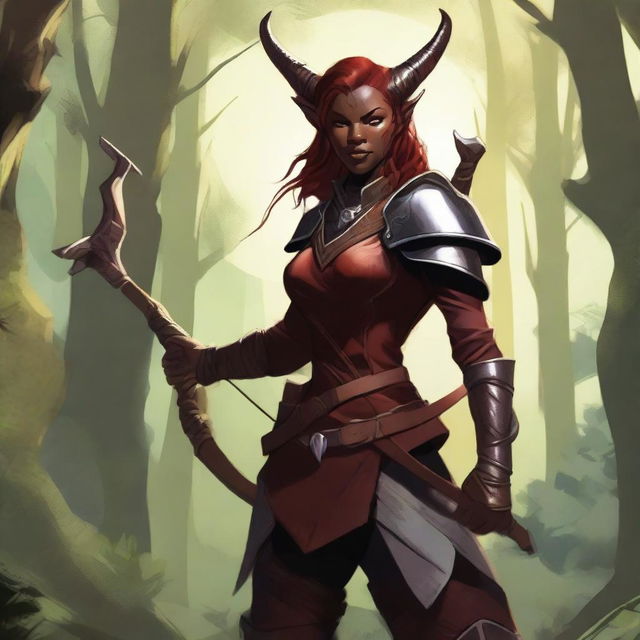 A detailed illustration of a female tiefling ranger