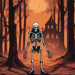 A horrifying scene set in the woods during October, featuring a hooded skeleton performing a ritual