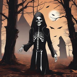 A horrifying scene set in the woods during October, featuring a hooded skeleton performing a ritual