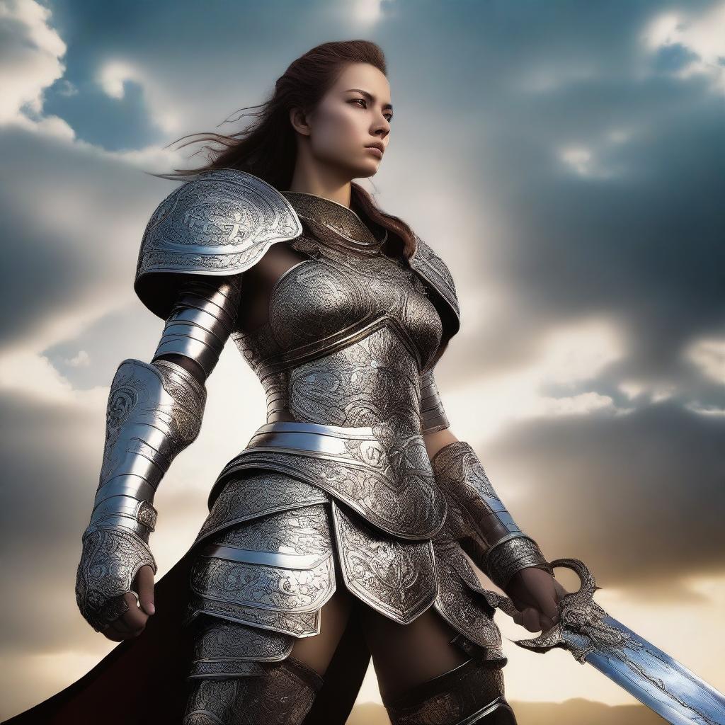 A fierce female fighter clad in intricate armor, standing confidently on a battlefield